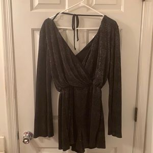 Black sparkly deep cut longsleeve romper short set
